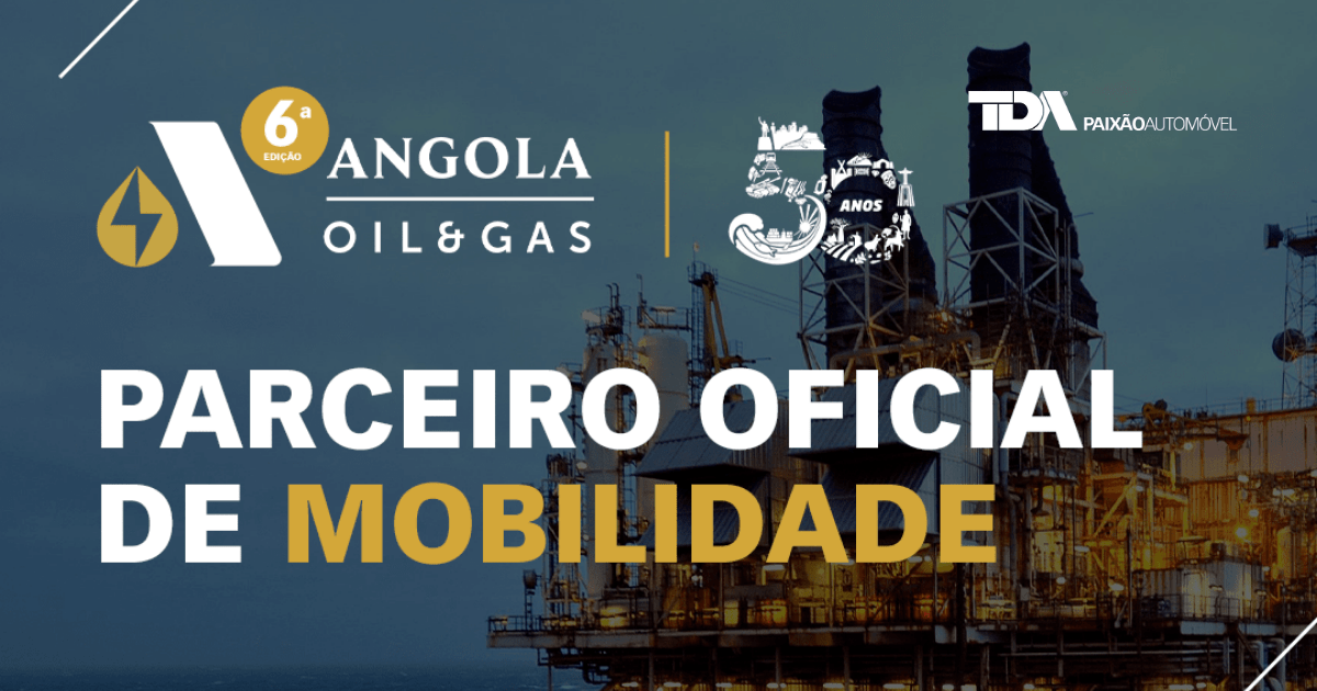 Cartaz da Angola Oil & Gas 2025 com o logótipo da TDA Paixão Automóvel como Parceiro Oficial de Mobilidade.